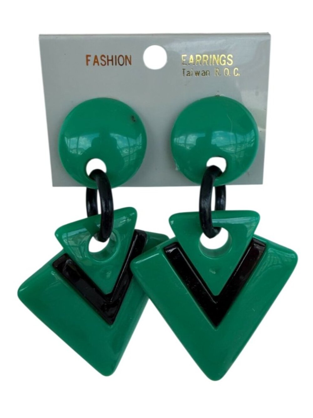 Vintage NOS Large Statement Earrings 1980s Green & Black Geometric Dangle Clip-O